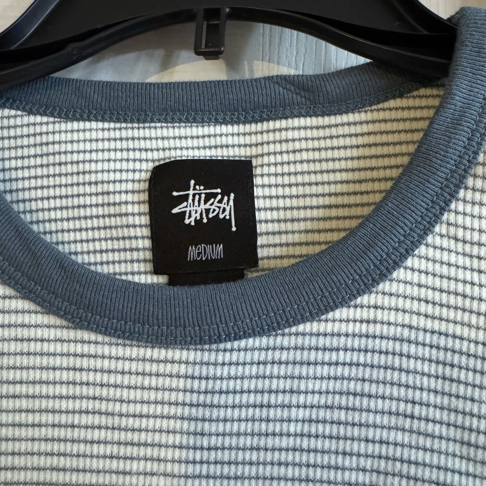 Stussy Men's Striped Blue and White Crewneck Sweater